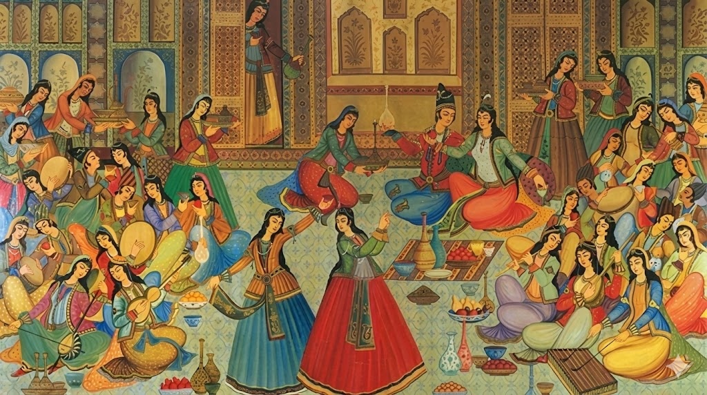 Colorful artwork of Yalda celebration